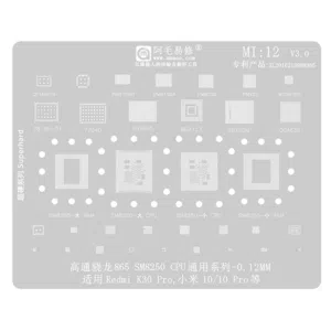Stencil de Cpu y Ram MI 12 Amaoe es una herramienta esencial para el servicio técnico de dispositivos Xiaomi y otros modelos compatibles con el Snapdragon 865. Con su diseño de alta precisión, resistencia a altas temperaturas, y facilidad de uso, esta plantilla BGA de 0,12 mm es una inversión valiosa para cualquier técnico que busque realizar reparaciones seguras y efectivas en componentes críticos como la CPU y la RAM.